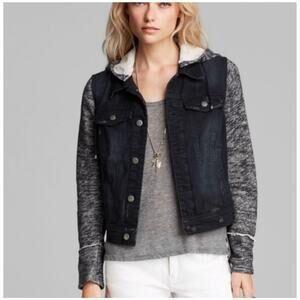 Free People Women 's Mixed Media Hooded Distressed Denim Jacket Sz XS FLAW